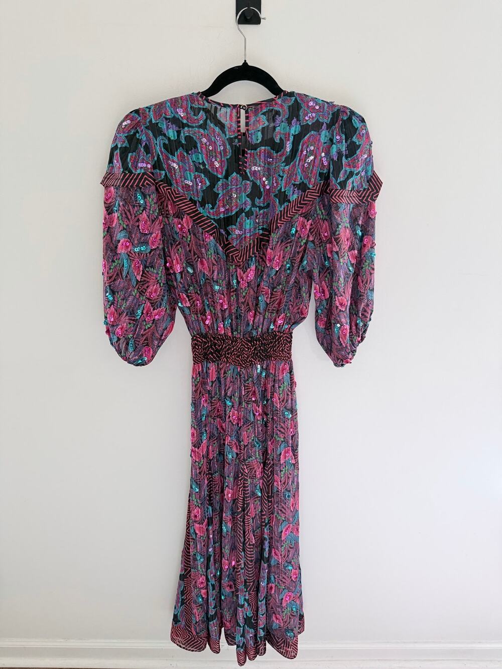 Vintage 80s Diane Freis Georgette Midi Fuchsia Paisley Sequins Dress-Size S